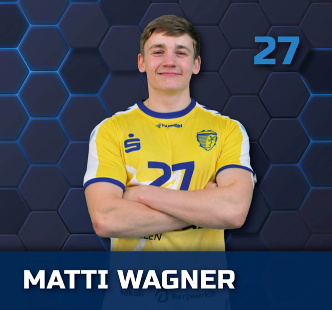 Handballspieler im gelben Trikot mit der Nummer 27 vor einem blauen Wabenhintergrund